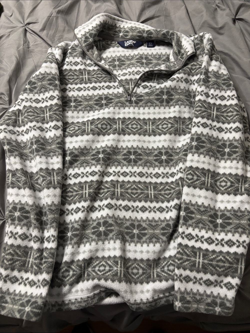 Lands' End Gray & White Patterned Half-Zip Fleece Pullover